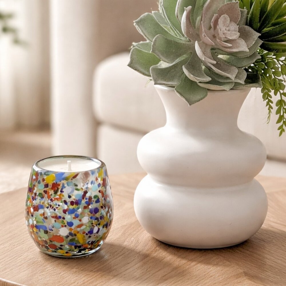 Mexican Glass Jar Pebbled Multi-colored Soy Wax Candle -Light Sandalwood Scent - Picture 3 of 5